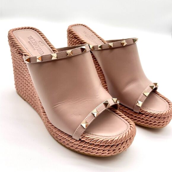 Valentino Garavani Torchon Rockstud Wedge Espadrille Sandals Nude Leather EU 41 - Picture 2 of 15